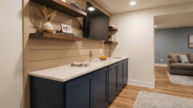 Two photos showing an unfinished basement and a remodeled basement living area