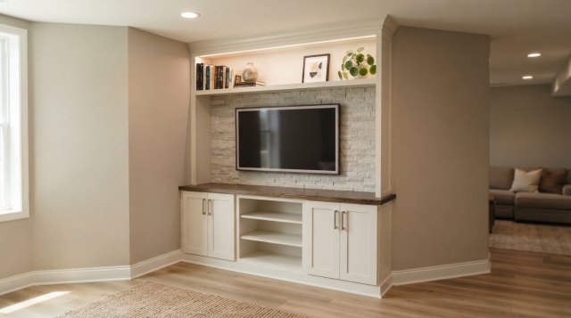 Two photos showing an unfinished basement and a remodeled basement living area