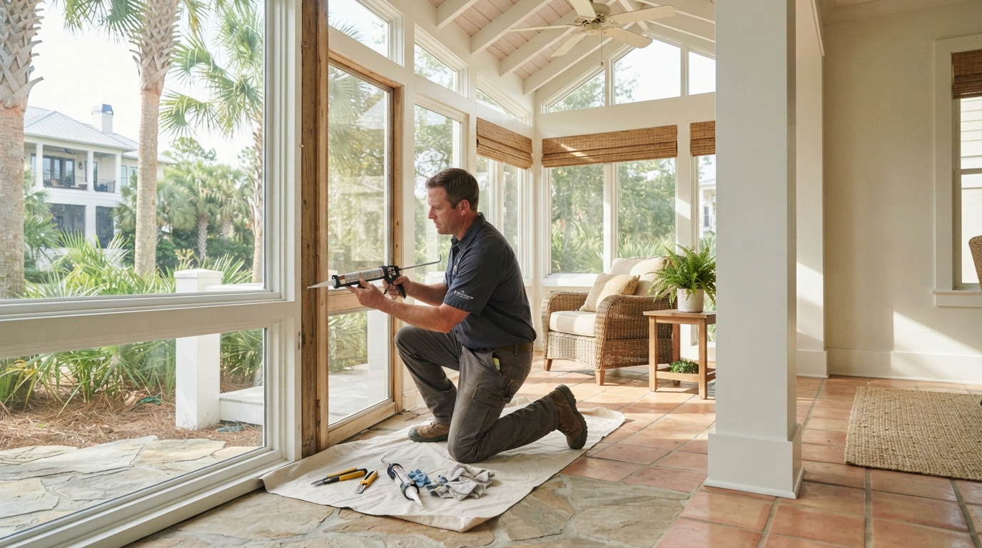 Bright residential sunroom with screened windows and a comfortable seating area