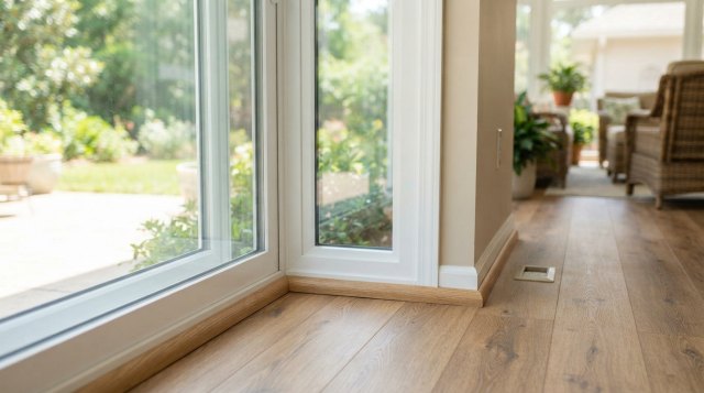 Close-up details of a sunroom screen, window frame and exterior door needing repair