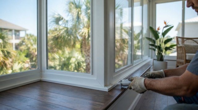 Close-up details of a sunroom screen, window frame and exterior door needing repair