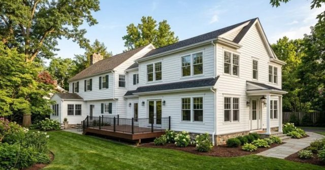 Two photos showing a home exterior and an existing interior area being considered for an addition