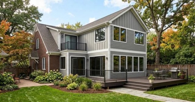 Two photos showing a home exterior and an existing interior area being considered for an addition
