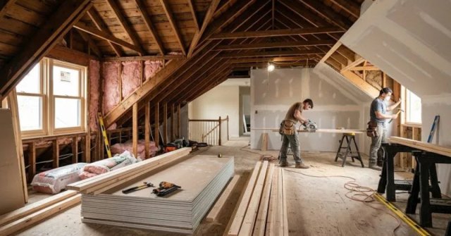 Attic remodeling project with exposed framing and construction materials