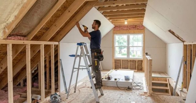 Attic remodeling project with exposed framing and construction materials