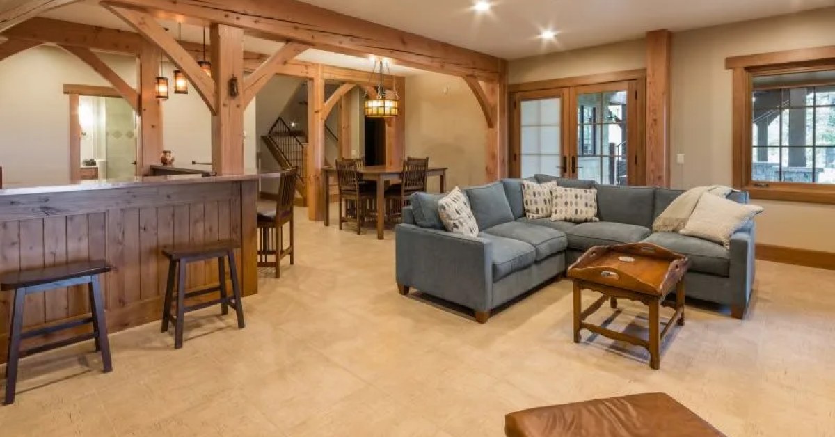 Finished basement with comfortable seating and usable living space