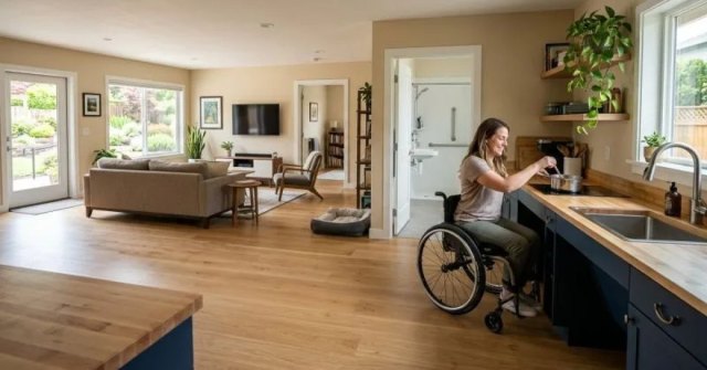Two photos showing a home entry and bathroom area being considered for accessibility remodeling