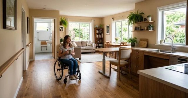 Two photos showing a home entry and bathroom area being considered for accessibility remodeling